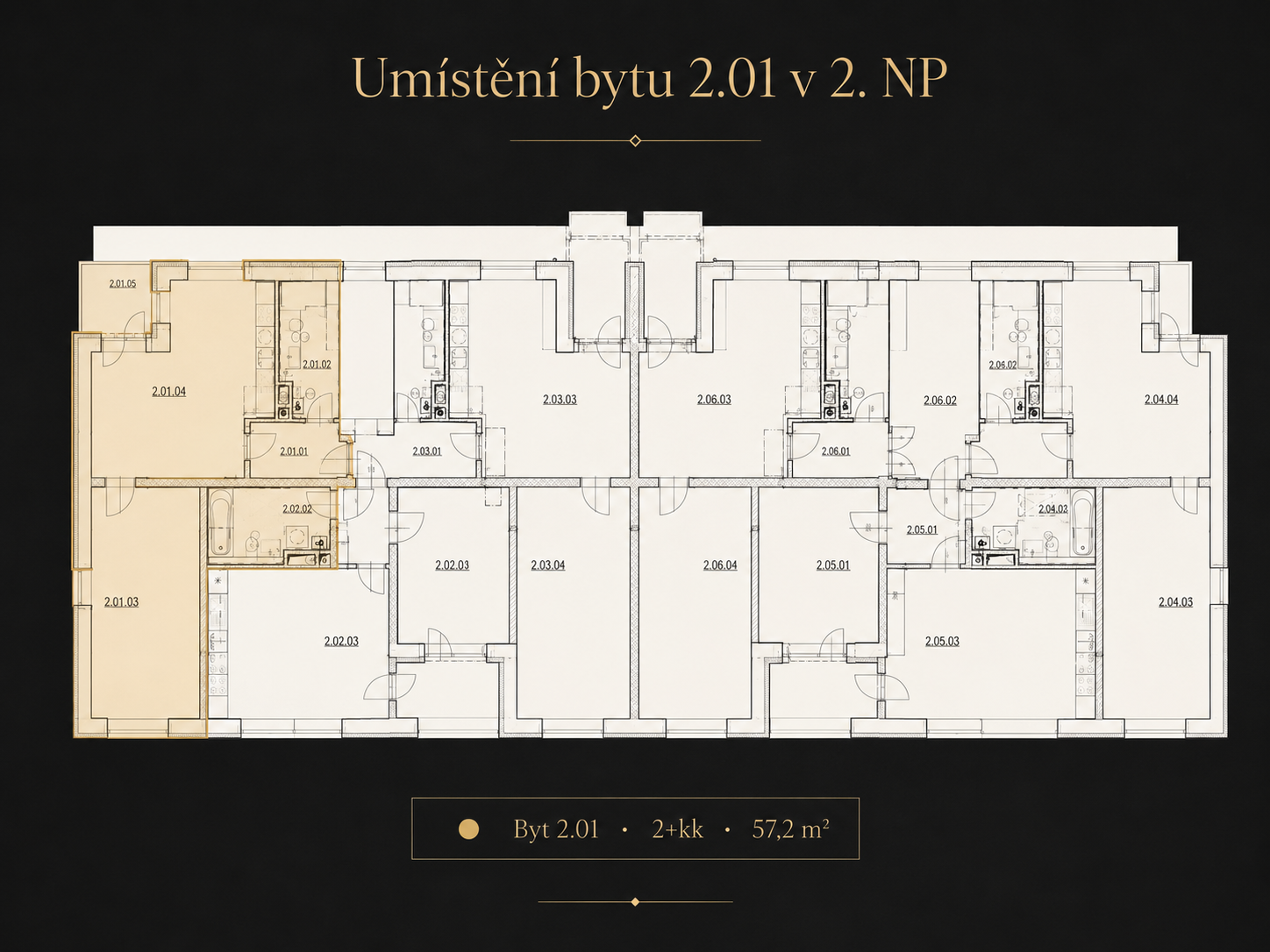 Umístění bytu 2.01 v rámci 2. nadzemního podlaží